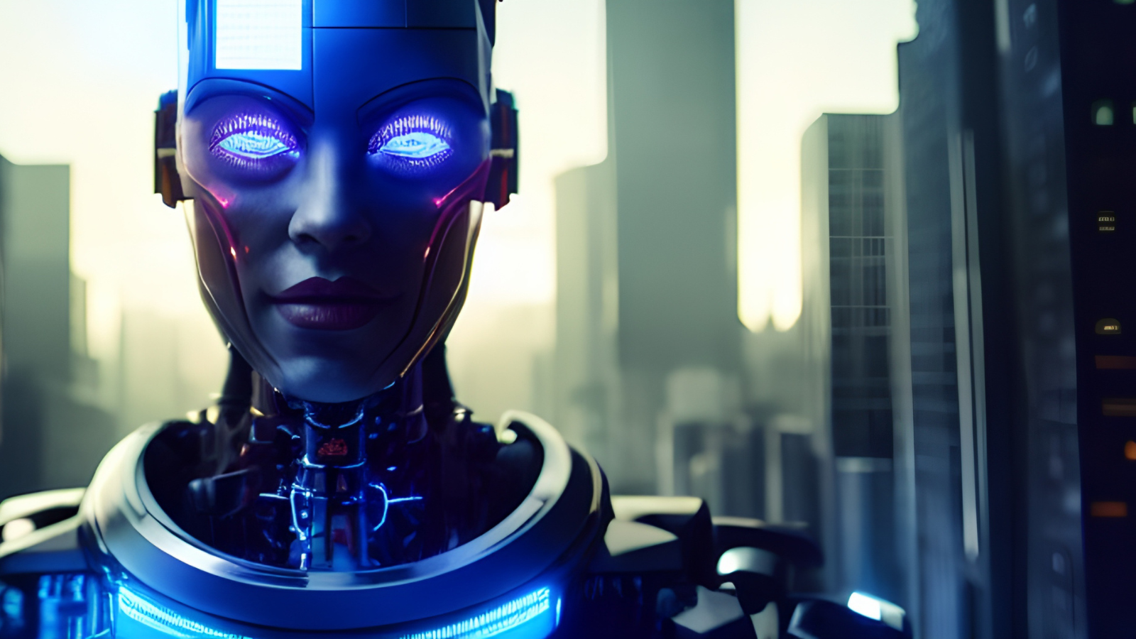 A part woman, part-robot appearing woman is forefront with the sun rising over a city with skyscrapers in the background.